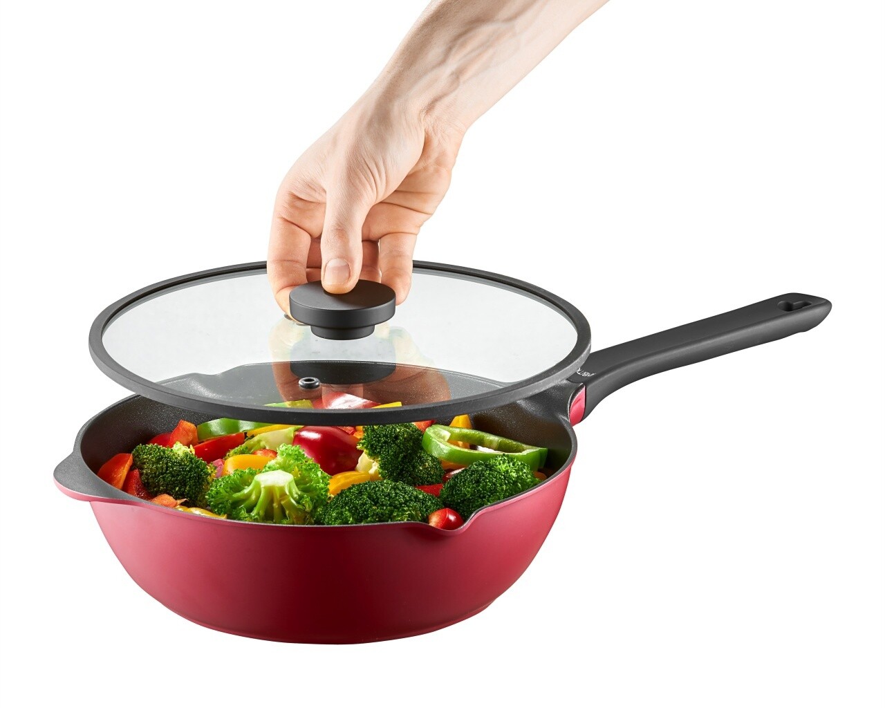 Tigaie Wok cu capac Noel, Ambition, 28 cm, aluminiu, visiniu/negru - imagine 6